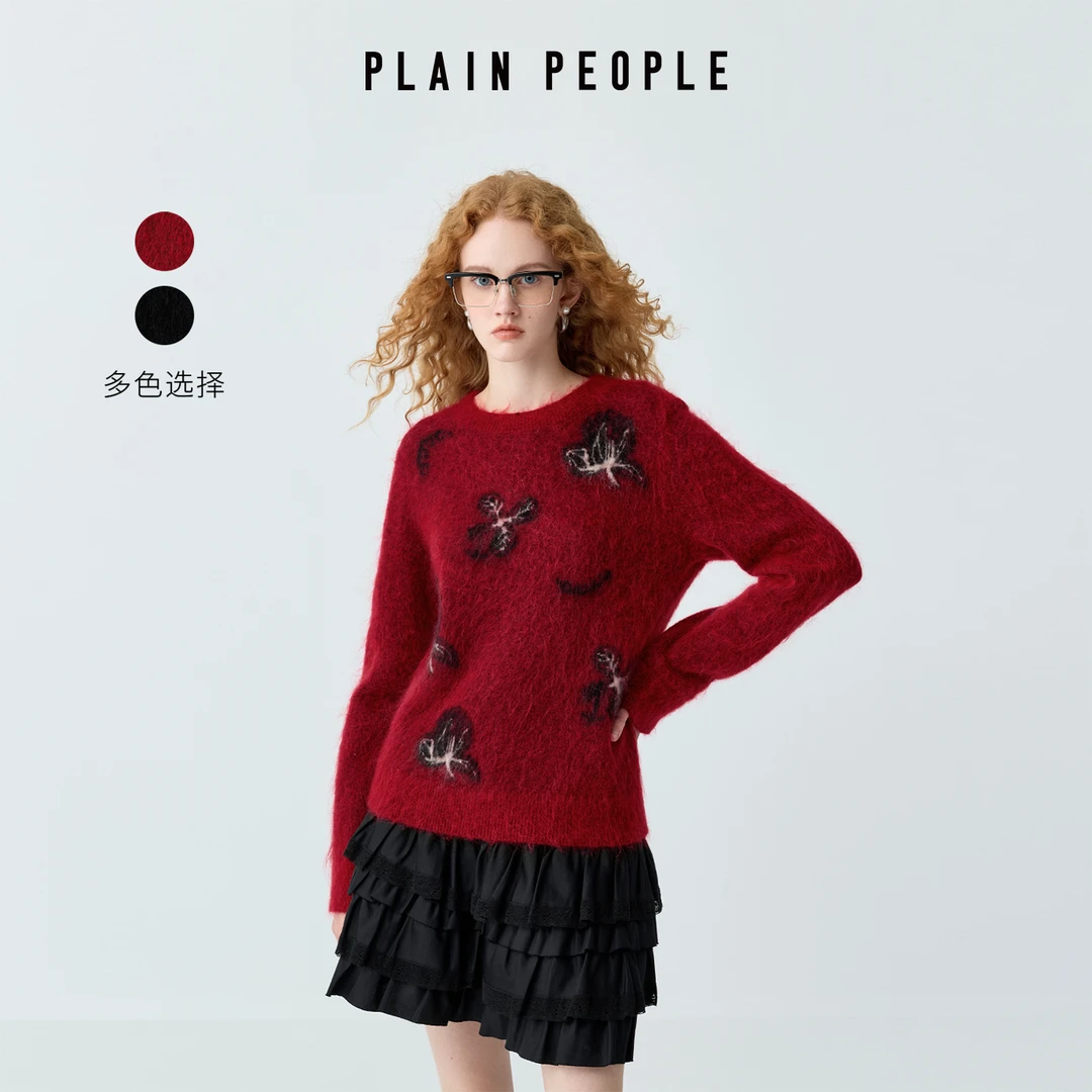 PLAIN PEOPLE复古鸢尾提花马海毛针织毛衫上衣女红色2025秋季新款