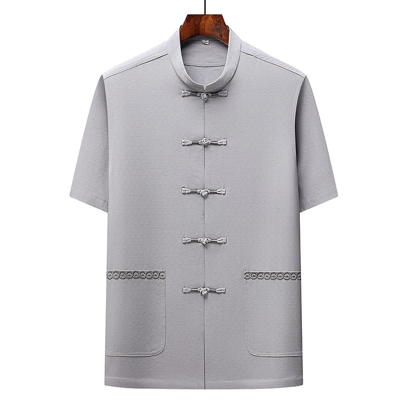 中老年唐装男士爸爸夏季薄款短袖中国风冰丝套装老人爷爷夏天套装