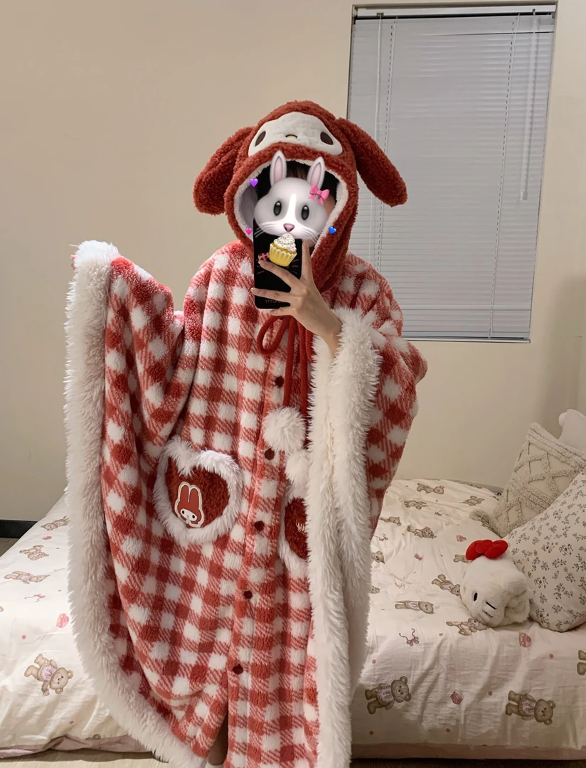 【圣诞红】冬款斗篷带袖子毛绒睡衣加厚睡衣可外穿韩版网红时尚宽松