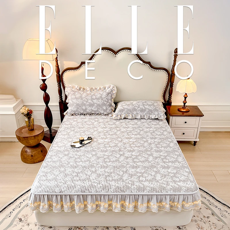 ELLE DECO巴黎玫瑰羊毛刺绣床笠天然恒温柔软亲肤奢华防滑四季款