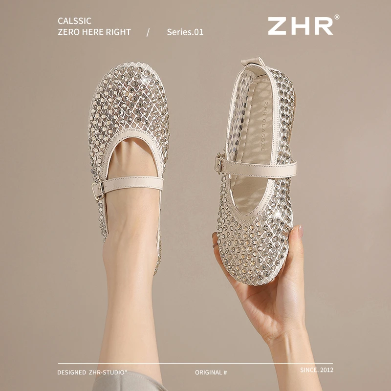 ZHR亮钻浅口单鞋凉拖2025夏新款法式配裙子透气女鞋软底不累防滑