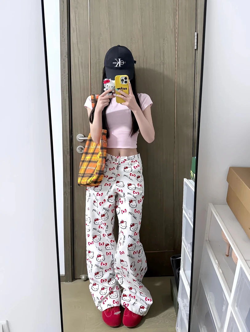 【清仓+运费险】白色卡通印花牛仔裤女秋季直筒显瘦阔腿Kitty长裤子