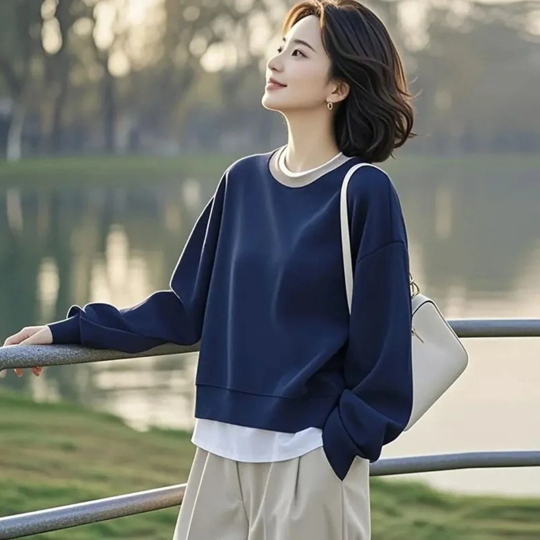 2025早秋新款假两件设计感百搭高级小众不撞款套头圆领卫衣外套女