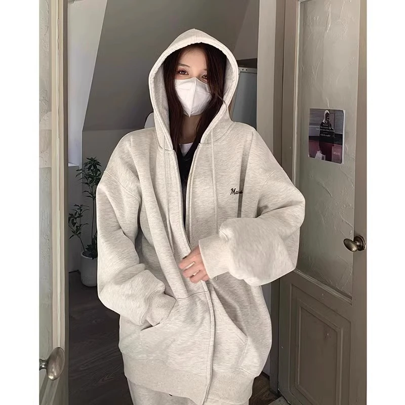 胖mm300斤美式黑色拉链开衫卫衣女慵懒春秋薄款2025新款连帽外套