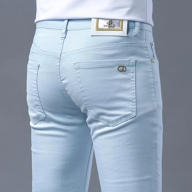 香港高端浅蓝色牛仔裤男士修身弹力小脚裤商务春季新款休闲长裤子