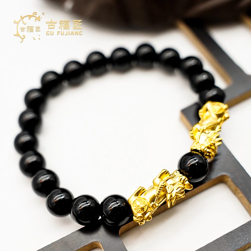 古福匠黄金足金貔貅赠玛瑙手串大珠卡8mm小珠卡6mm