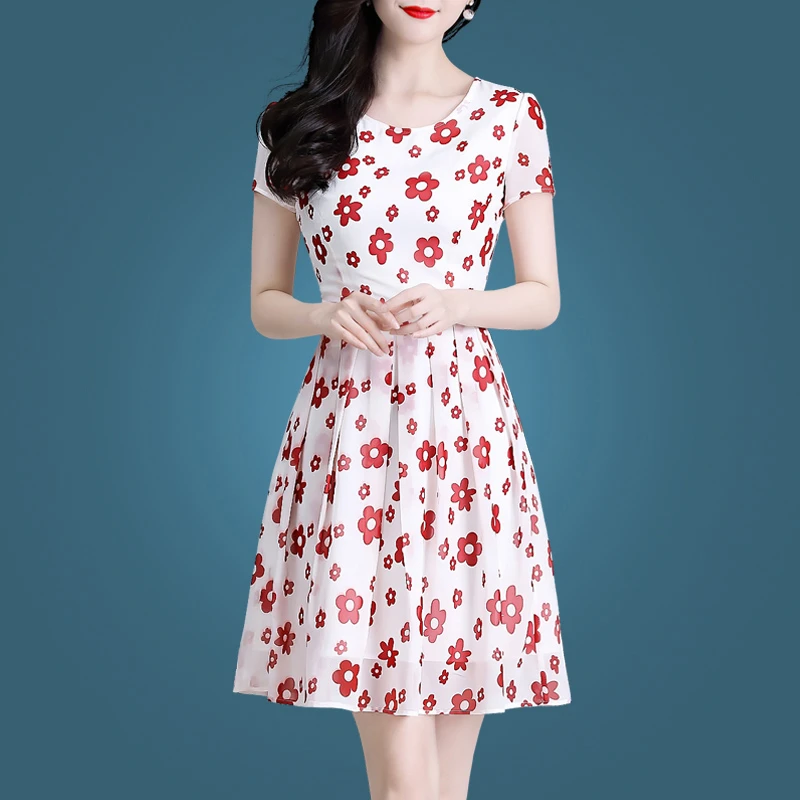 【只有3XL，品牌特价】1900印花雪纺连衣裙收腰高端中裙短袖碎花裙