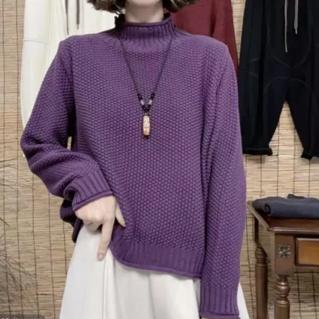 2025冬季新款韩版针织宽松条纹拼接休闲半高领毛衣27868