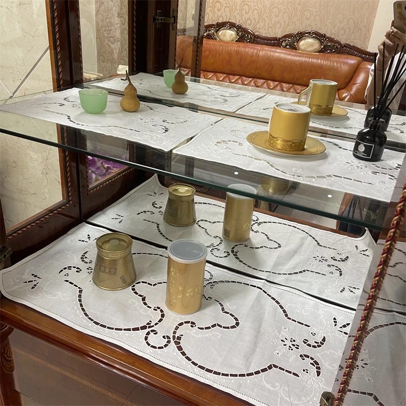 F809白色亚麻(40*85+27*40一对)手工手绣如意款桌旗三件套