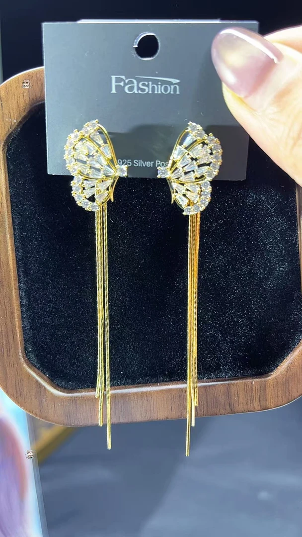 铜合金锆石耳饰 蝴蝶两戴款流苏耳环百搭日常款0211