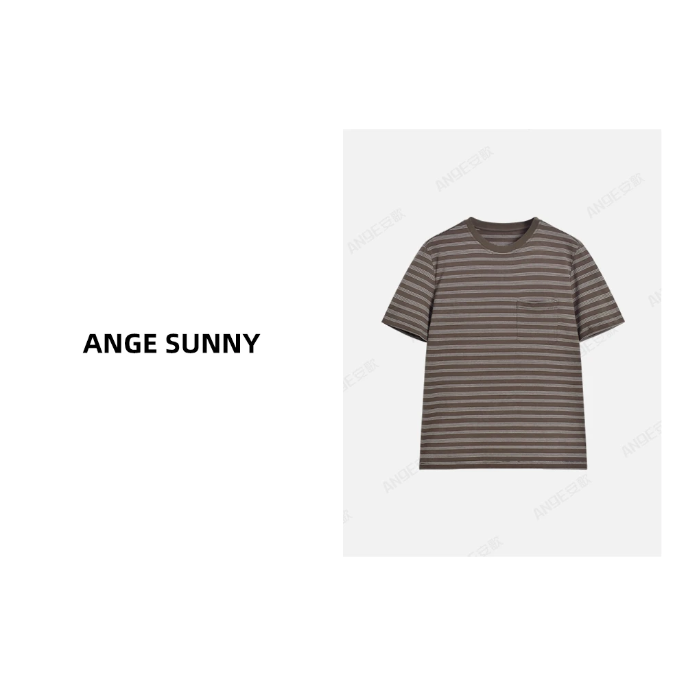 ANGE SUNNY【棕色条纹T恤】时尚新款 字母徽标圆领口袋短袖T恤