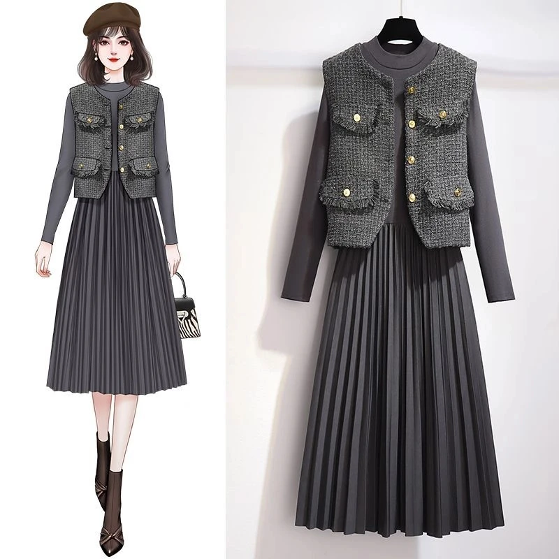 大码女装小香风套装连衣裙2025春季新款胖MM气质名媛高级感两件套