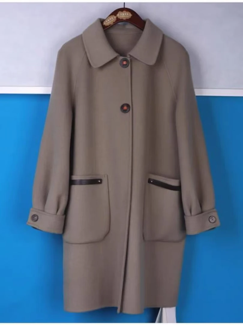 H97    冬季新款时尚休闲中长款翻领毛呢外套