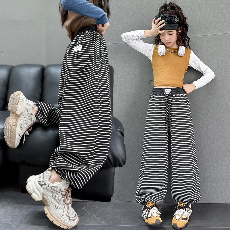 女童裤子春秋款2025新款中大童网红潮款女孩秋装休闲条纹束脚卫裤