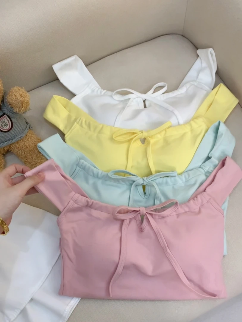 【芭蕾少女】带胸垫绑带显胸吊带新款掐腰显瘦纯欲短上衣 自带胸垫