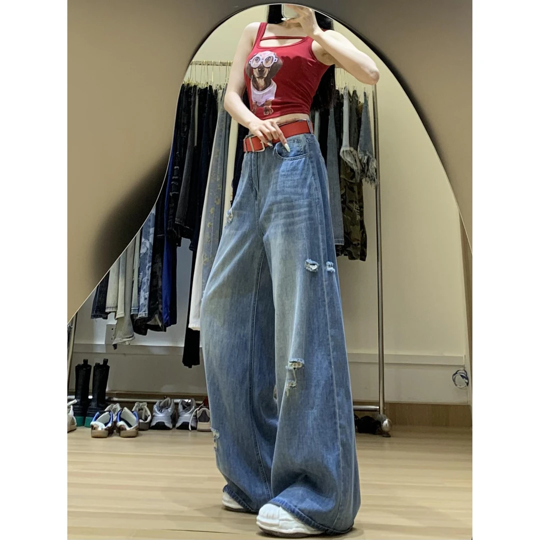 微胖mm高腰显瘦破洞垂感牛仔裤女秋季新款宽松设计感阔腿拖地长裤