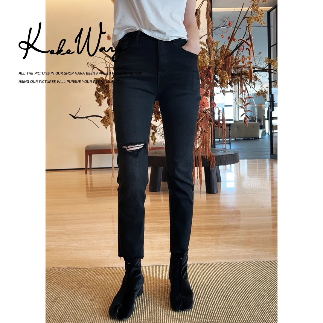 KOKOWANG 【瘦瘦小黑裤】流光风四面弹毛边小黑裤牛仔裤N1775H11K43