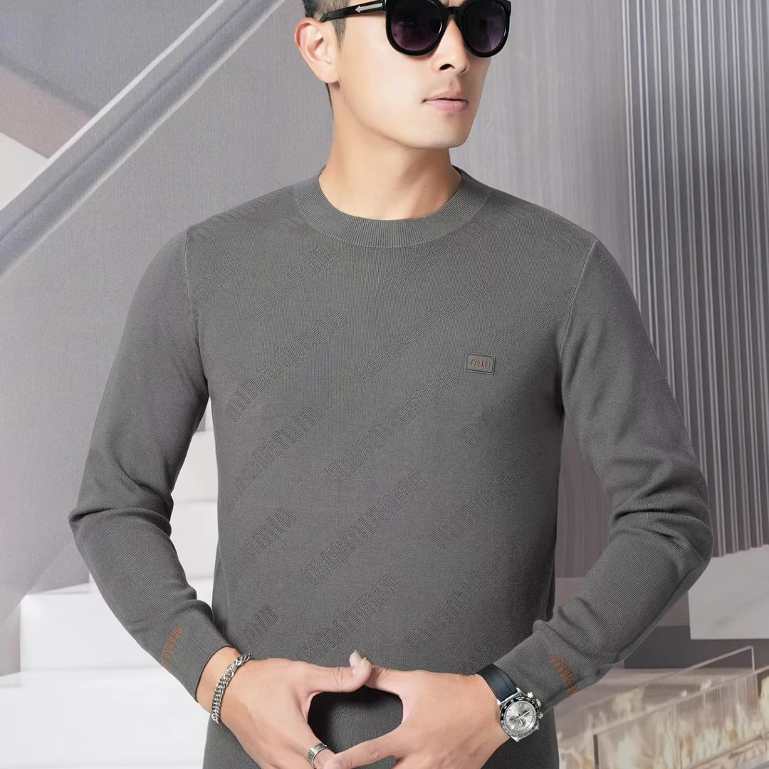 男士针织桑蚕丝圆领毛衣灰色圆领打底衫针织衫保暖