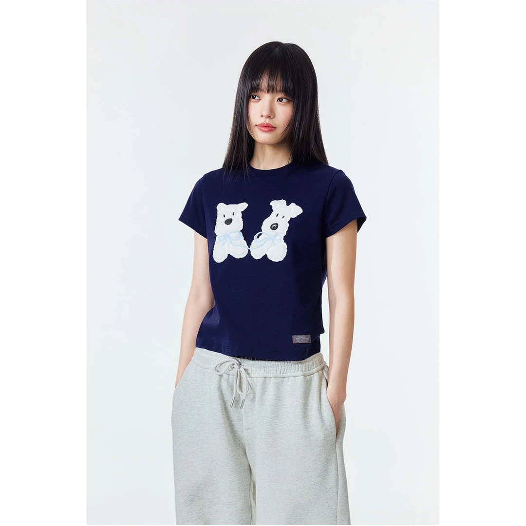 夏季新款正肩休闲修身显瘦女短袖t恤可爱小狗贴布绣短款圆领上衣