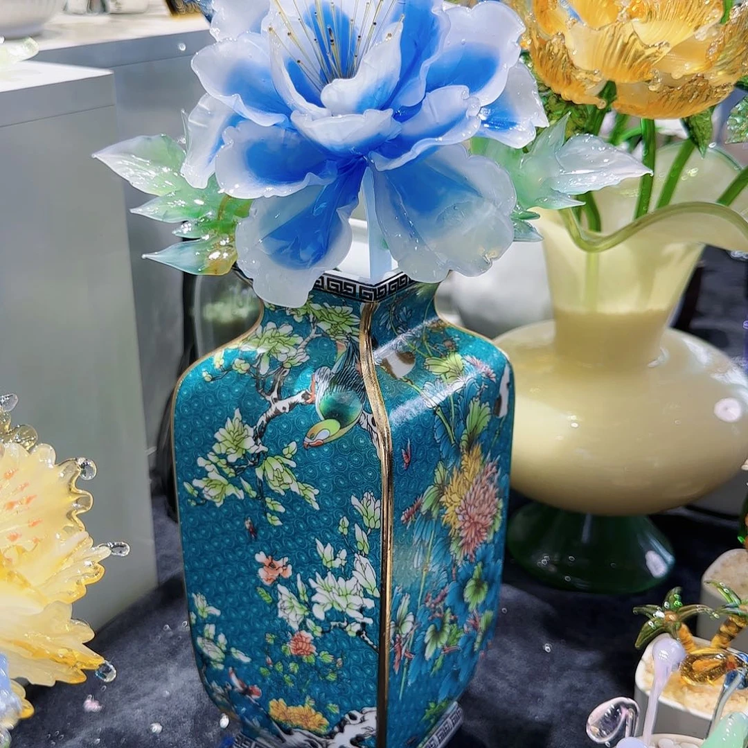 琉璃手工艺品高货蓝牡丹一套