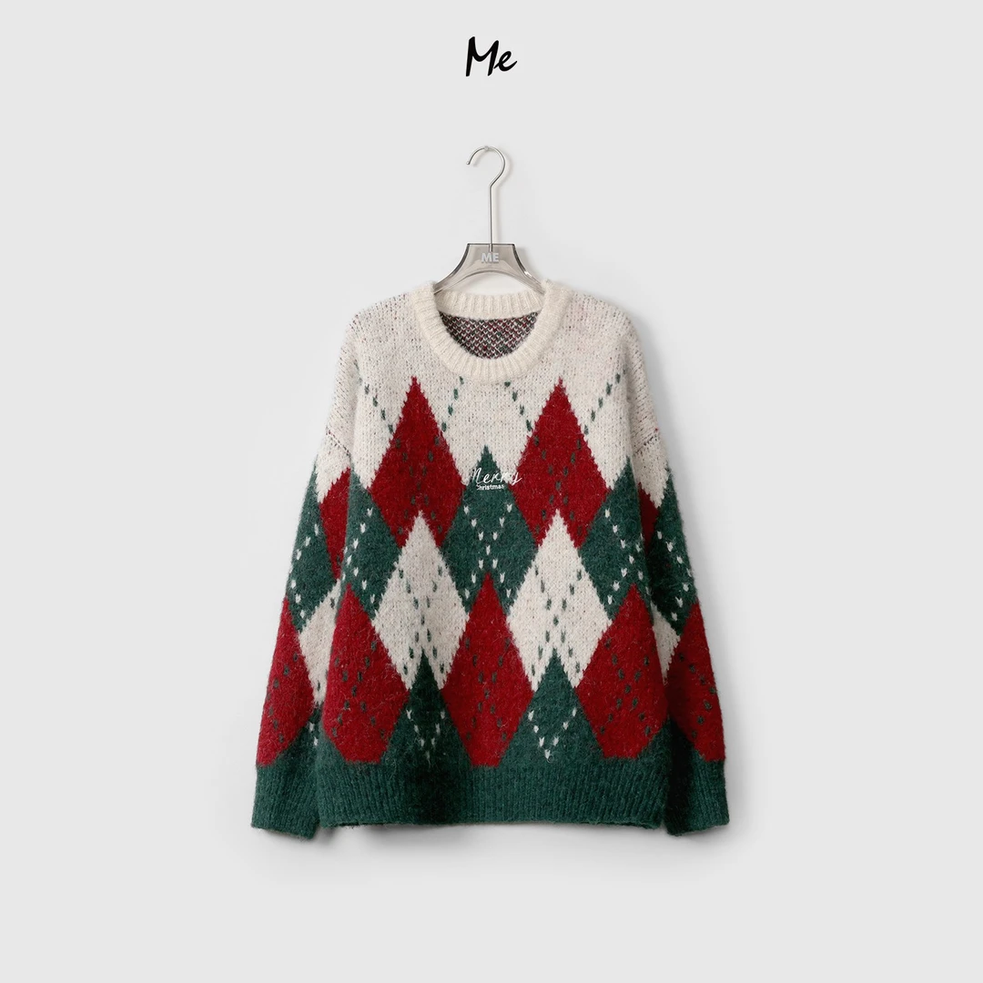 ME【诺贝松】绵羊毛混纺撞色菱格提花圆领百搭保暖针织毛衣MEQA4378