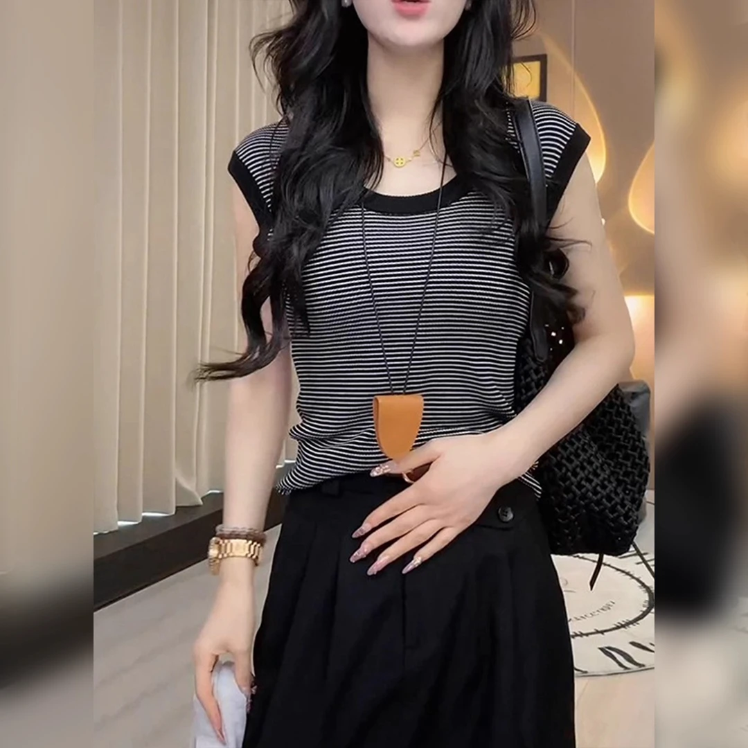 时尚百搭拼色条纹针织衫2025夏季新款小众套头t恤修身显瘦上衣女