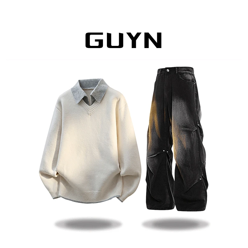 【品牌正品现货】GUYN假两件毛衣男士加厚秋冬季衬衫领针织衫男百搭