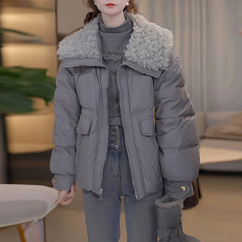 霖优【元气女孩】冬季翻领拼接设计显瘦百搭时尚棉服女加厚保暖外套