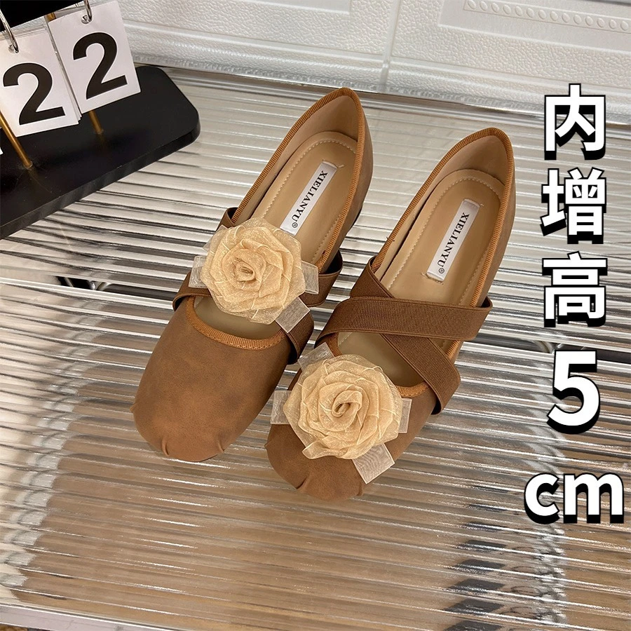 2025春季时尚法式温柔芭蕾风女鞋软底复古百搭圆头小香风内增高鞋