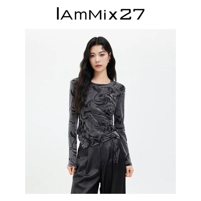 iammix27短款套头打底衫女圆领修身t瘦长袖显植提花绒小众设计恤