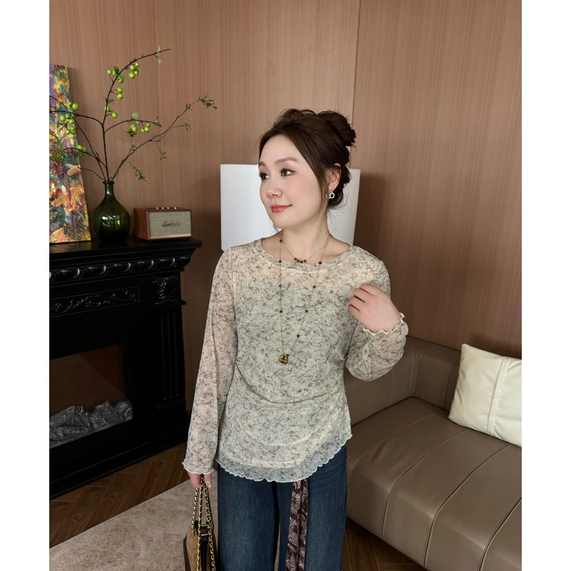 NANJIE/楠姐【永生花】秋季显瘦银线印油墨长袖女士上衣XNS6568