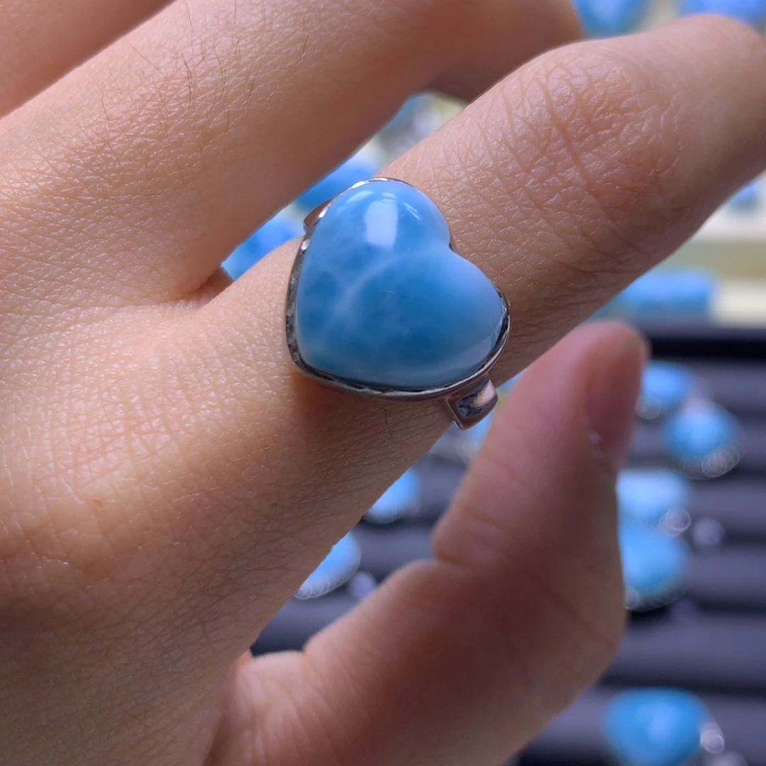 针钠钙石（海纹石）银S925镶嵌戒指爱心戒指色差略异