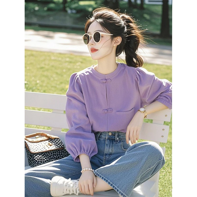 今年流行爆款超好看独特洋气减龄设计感紫色新中式盘扣圆领衬衫春