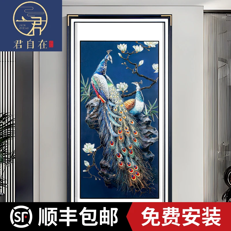 君自在《富贵吉祥》新中式玄关过道竖版挂画铜雕画手工雕刻孔雀壁画