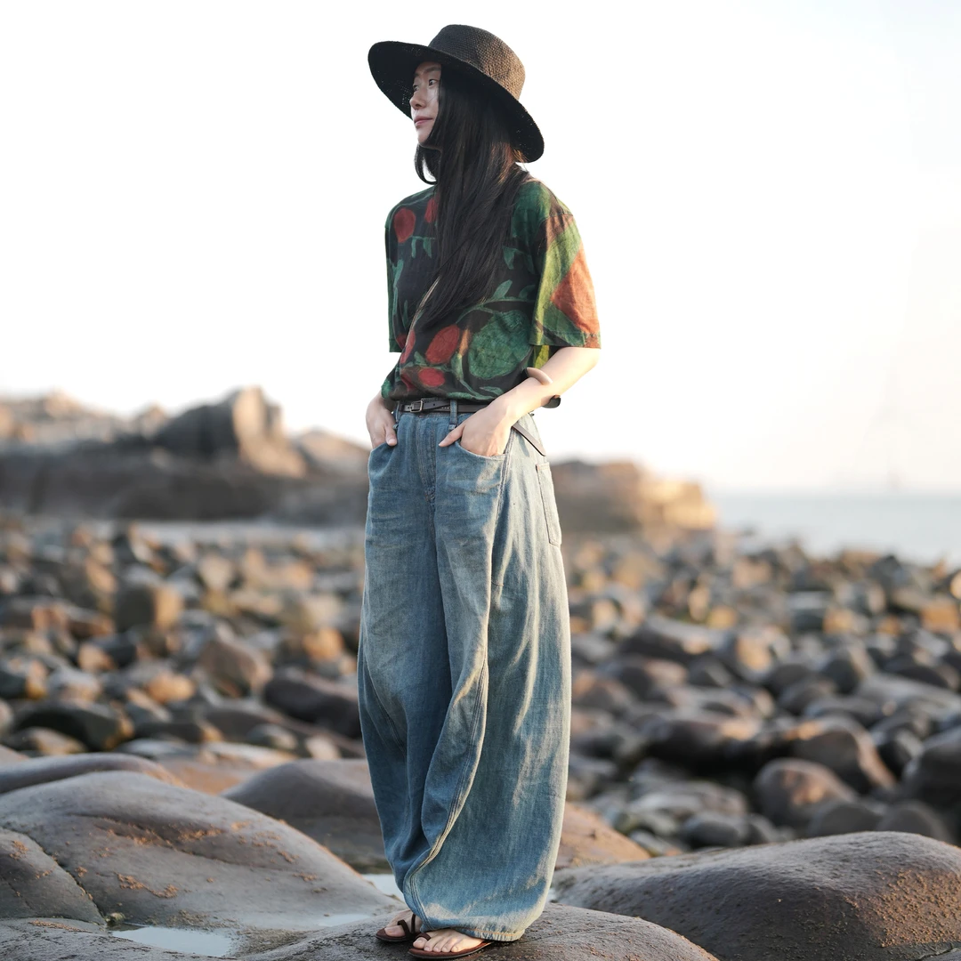 几见 原创设计夏季汉麻棉牛仔裤直筒裤宽松休闲长裤复古风K52452