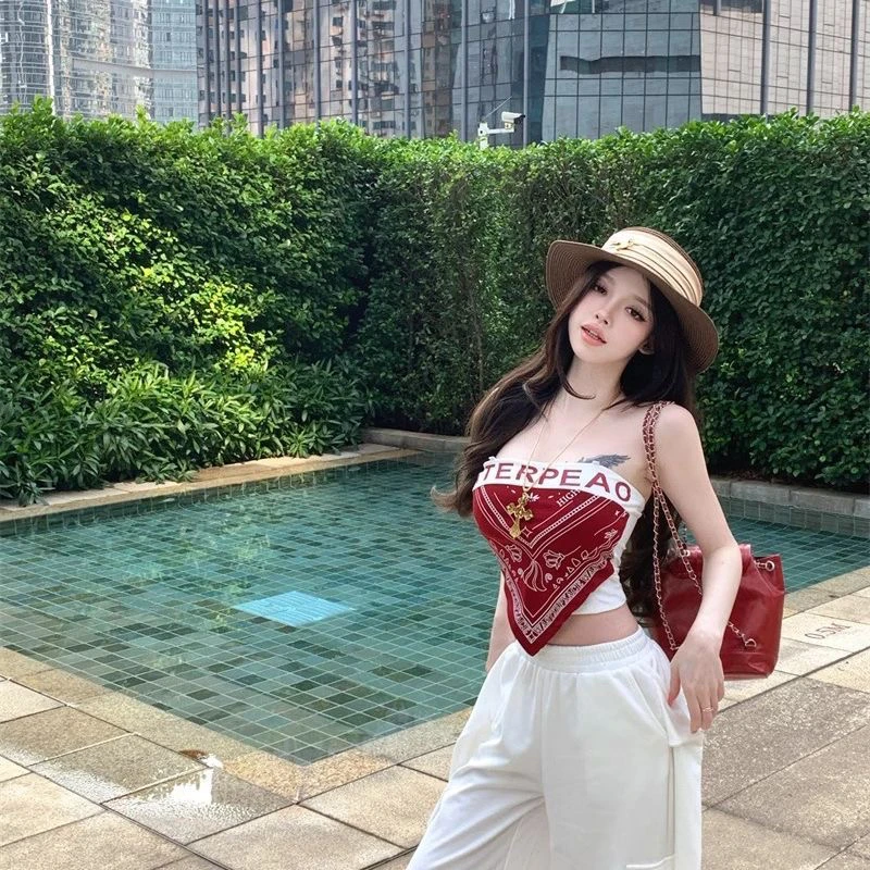 不规则印花性感美背抹胸背心女夏季修身内搭辣妹撞色短款外穿上衣