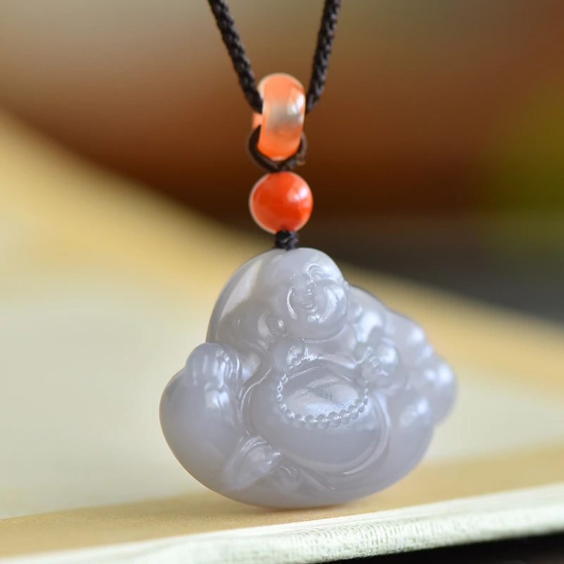 天然正宗和田玉烟紫色逍遥佛编绳吊坠弥勒佛公项链女士高端挂坠