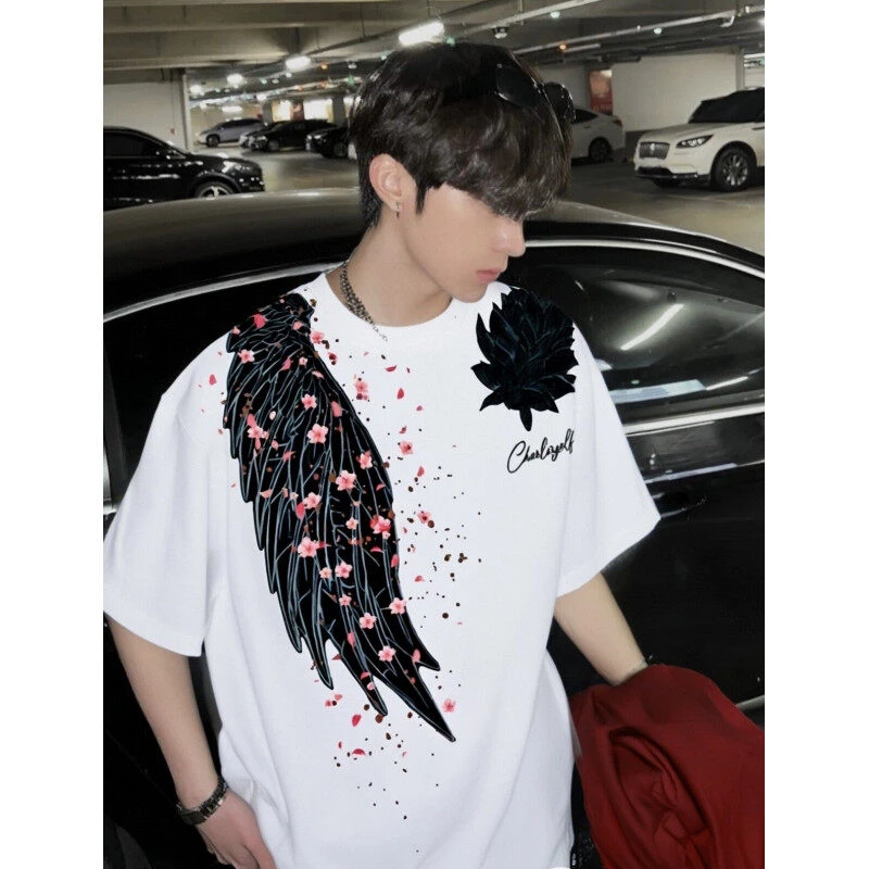 美式高街羽毛翅膀重磅短袖t恤男夏季overszie潮牌宽松情侣五分袖
