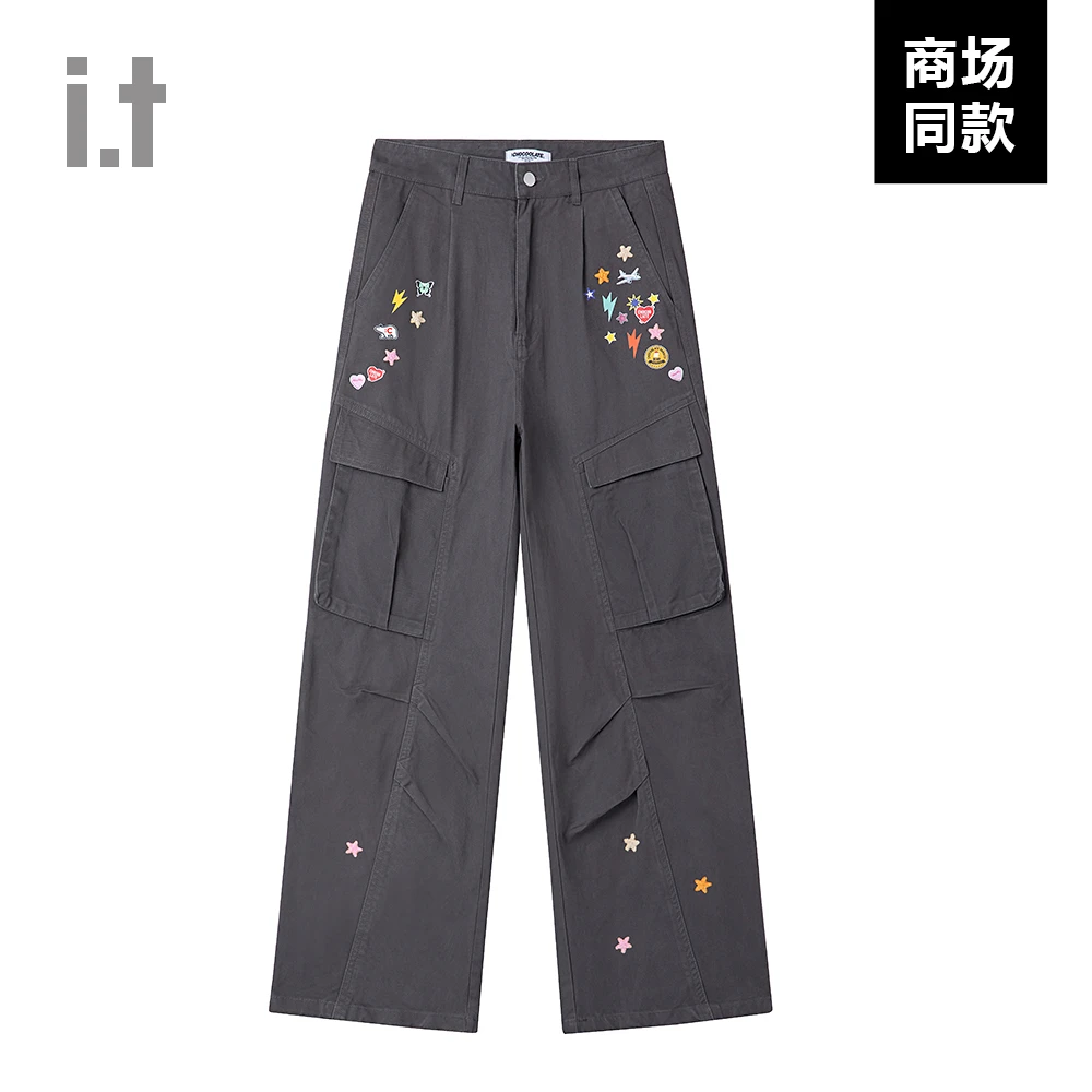 I.T旗下CHOCOOLATE美式复古印花休闲裤男女同款褶皱设计感工装裤