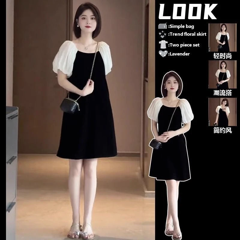 可甜可盐炸街方领气质连衣裙女夏季2025年法式小个子泡泡袖A字裙