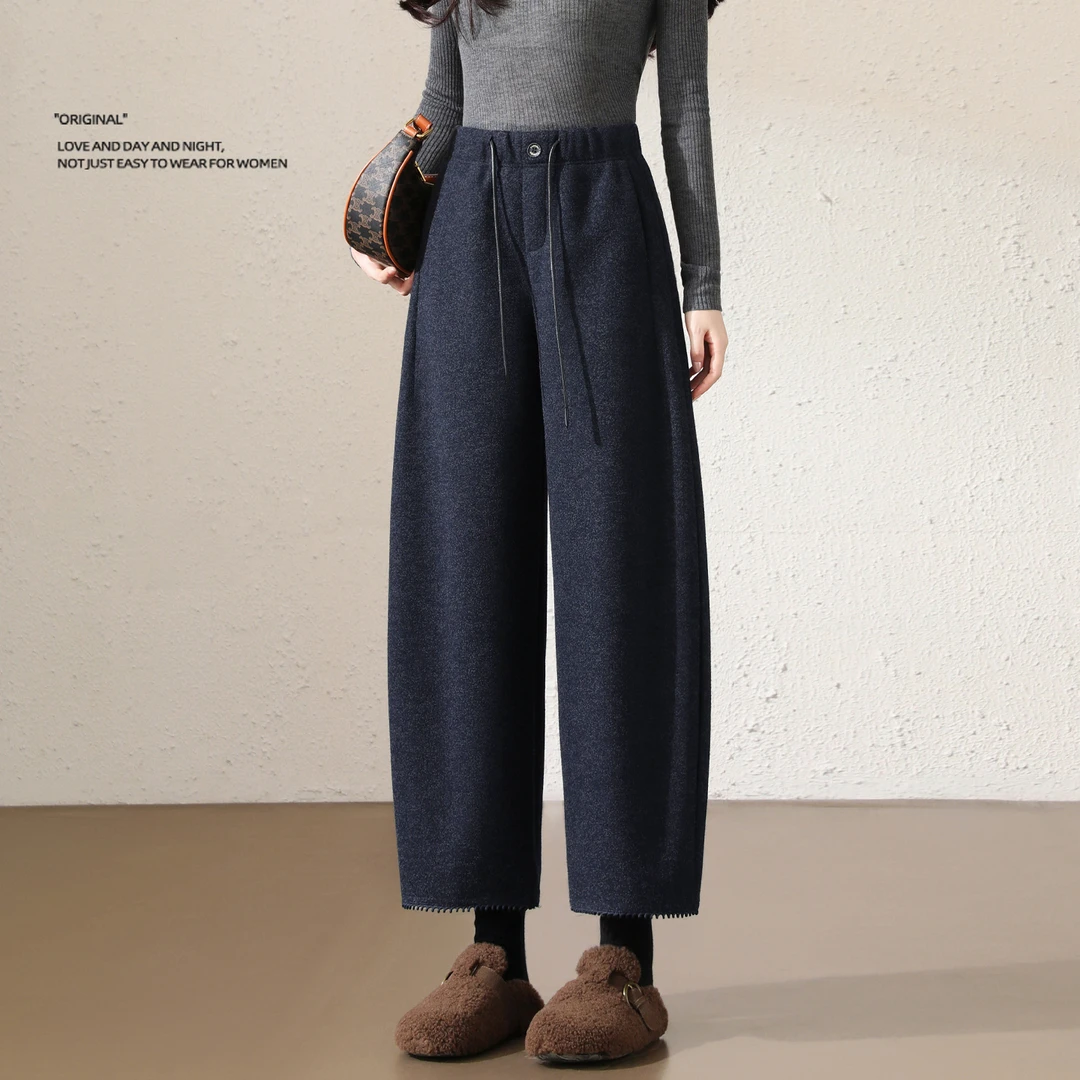 加厚毛呢阔腿裤女秋冬新款九分直筒仿兔毛山本糯米慵懒哈伦奶奶裤