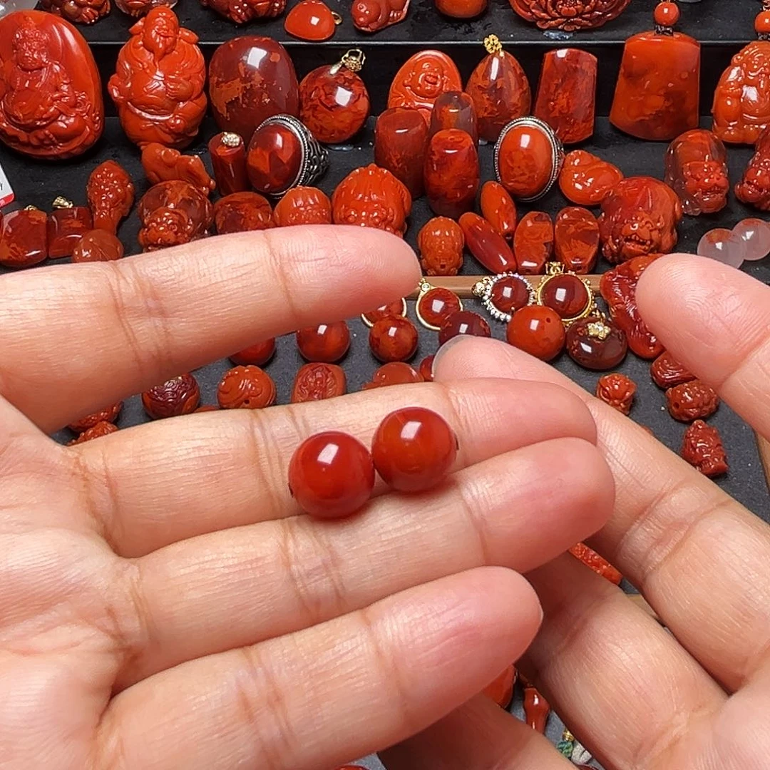 南红玛瑙未镶嵌配饰火焰纹圆珠对珠10.6mm