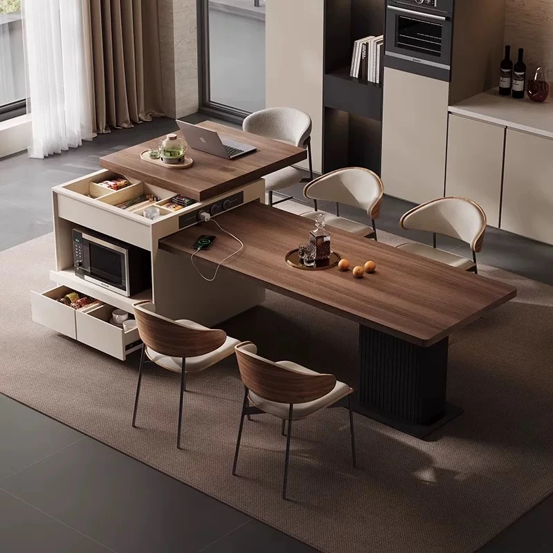 胡桃木色木纹岩板岛台餐桌一体意式中古风可伸缩岛头可推拉吧台