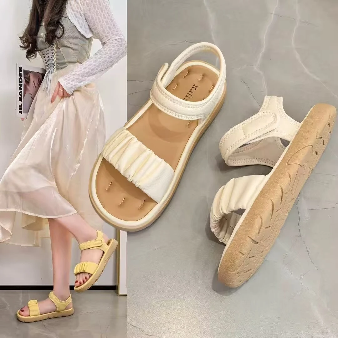 厚底夏季凉席女2025年新款软底仙女风百搭法式韩版褶皱罗马沙滩鞋