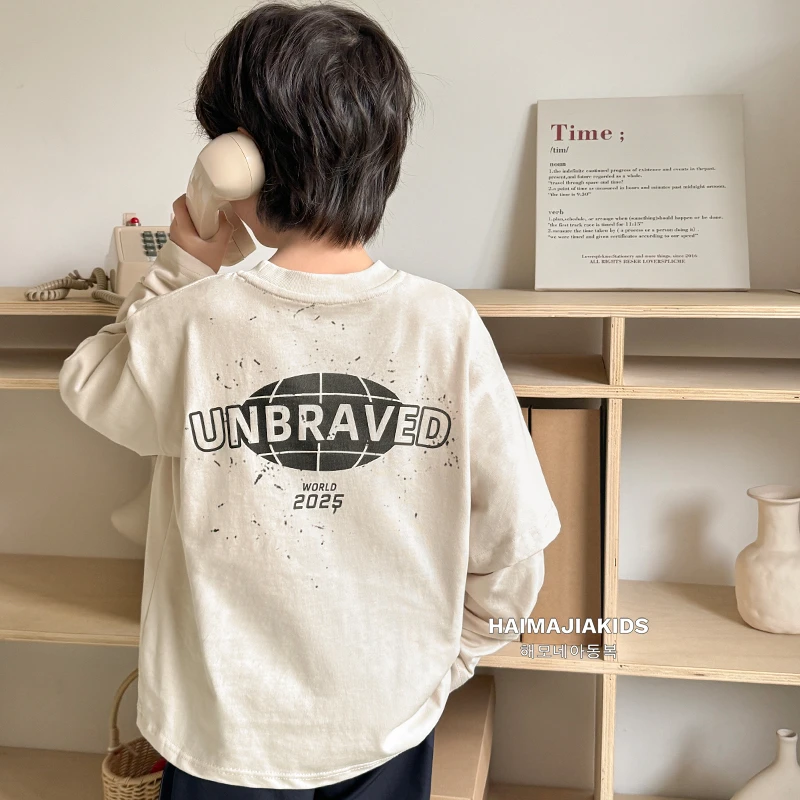 【重磅假两件】男童重磅时尚双纱棉质长袖T恤2025春新款|25aa10