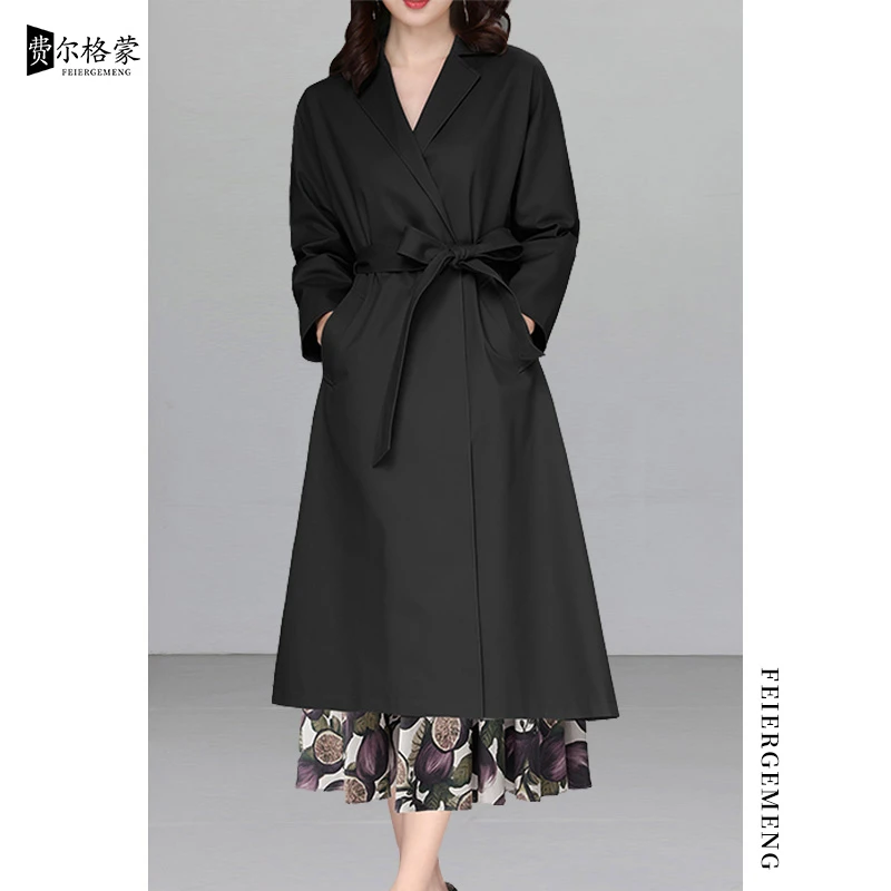 高档风衣气质黑色女中长款春秋新款韩版收腰女士大码显瘦外套宽松