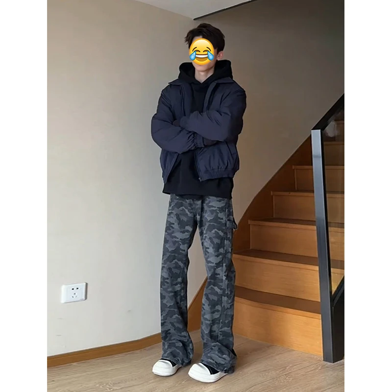迷彩色水洗牛仔裤男款秋季hiphop高街裤子潮牌vibe宽松直筒阔腿裤