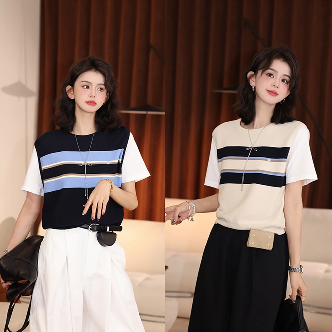 陈佳洁【晨风】条纹春夏t恤女百搭休闲针织拼接假两件上衣JC1988408