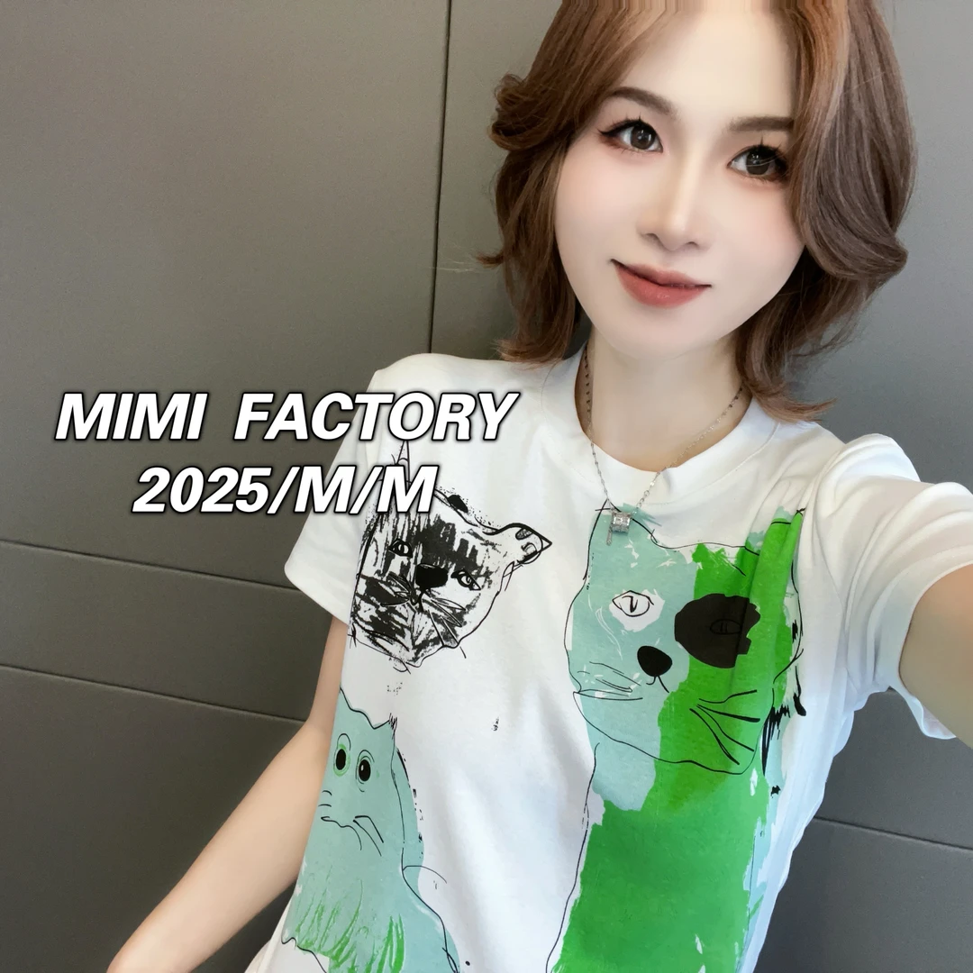 芈芈 2025新款短袖 卡通猫咪袖T恤女修身显瘦上衣2578#