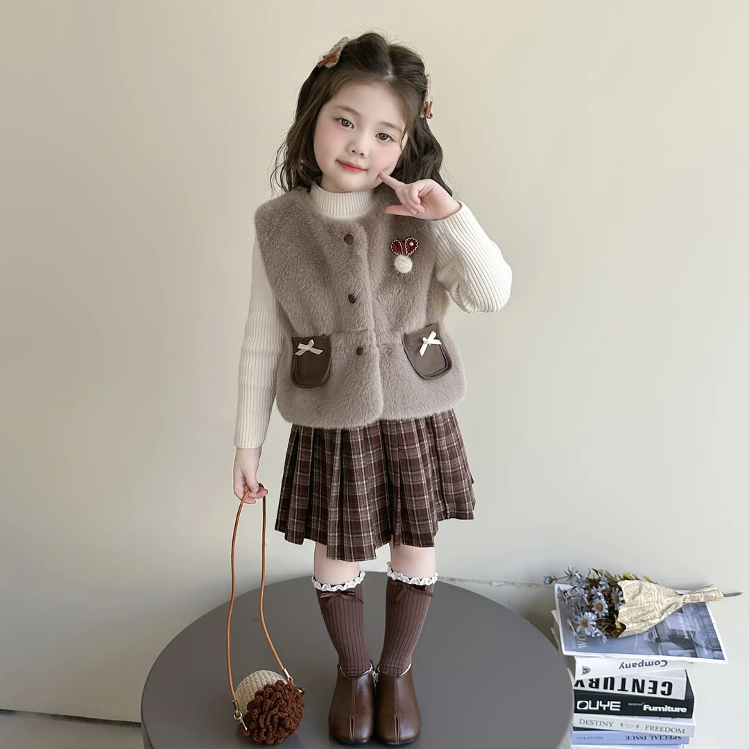 女童秋冬新款毛绒马甲百褶裙三件套女宝宝打底衫千金小名媛套装